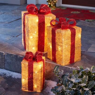 Pre-Lit Gift Boxes, Set of 3 by BrylaneHome in Red Gold Christmas Decoration