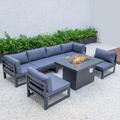 LeisureMod Chelsea 7-Piece Patio Sectional And Fire Pit Table Black Aluminum With Cushions - LeisureMod CSFBL-7BU