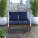 Winston Porter Picardie 55" Wide Outdoor Loveseat w/ Cushions /Natural Hardwoods in Blue/Brown/Gray | 35.5 H x 55.15 W x 33.85 D in | Wayfair