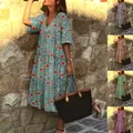 Boho femmes col en V demi-manches imprimé floral grand ourlet plage robe Midi Sexy robe de soirée
