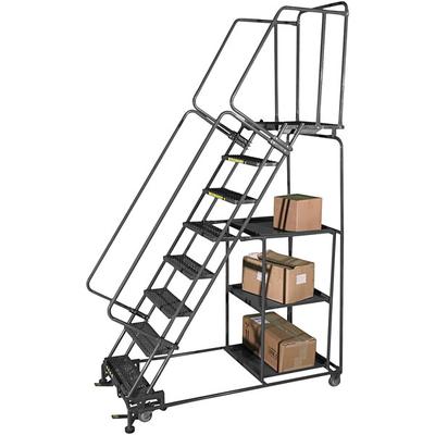 Ballymore SPL-7-N 7-Step Gray Steel Rolling Safety Ladder / Stock Picking Cart with 2 Shelves and 16" Wide Steps - 21" Deep Top Step