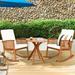 Winston Porter Brielee 3pcs Patio Rocking Chair Set Round Table Solid Wood Cushioned Sofa Garden Deck Wood/Natural Hardwoods in Brown/White | Wayfair