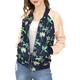 Allegra K Women's Contrast Color Zip Up Floral Print Satin Bomber Jacket Blue 16