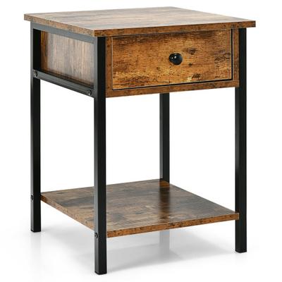Costway Industrial End Side Table Nightstand with Drawer Shelf-Rustic Brown