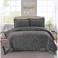 Luxury Quilted Bedspreads 3 Piece Velvet Bedding Double Bed for Bedroom Decor - Super Soft Embossed Pattern Sofa Bed Throws with 2 Pillow Case - Grey