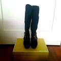 Michael Kors Shoes | Hpmichael Kors Black Stretch Mid-Calf Heel Boots. Size 7.5. | Color: Black/Gold | Size: 7.5