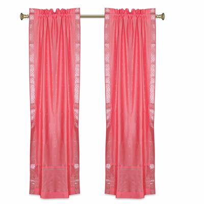 Pink Rod Pocket Sheer Sari Curtains w/ Silver Border-Pair