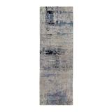 Shahbanu Rugs Wool & Silk Abstract Design Modern Silver, Blue Handknotted Runner Rug (2'5" x 7'9") - 2'5" x 7'9"