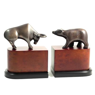 Wall Street Bronze/Wood Bull vs. Bear Bookends