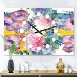 Designart 'Retro Floral Botanical V' Oversized Mid-Century wall clock - 3 Panels - 36 in. wide x 28 in. high - 3 Panels