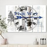 Designart 'The Blue Moose - This Way II' Large Cottage Wall Clock - 3 Panels - 36 in. wide x 28 in. high - 3 Panels