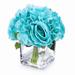 Enova Home Artificial Silk Hydrangea and Fake Roses Flowers Arrangement in Cube Glass Vase with Faux Water for Home Decoration