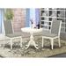 East West Furniture Kitchen Table Set- A Round Dining Table with Pedestal and 2 Linen Fabric Parsons Chairs, (Finish Options)