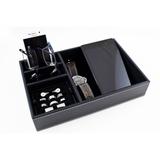 Black Desktop Dresser Valet Tray Case Holds Watches, Rings, Jewelry, Keys, Cell Phones and Accessories