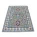 Shahbanu Rugs Colorful Gray Fusion Kazak Pure Wool Geometric Design Hand Knotted Oriental Rug (4'0" x 5'10") - 4'0" x 5'10"
