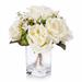 Enova Home Artificial Mixed Fake Silk Roses Flowers Arrangement in Clear Glass Vase with Faux Water for Home Wedding Decor