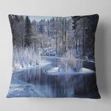 Designart 'Winter Lake in Deep Forest' Landscape Printed Throw Pillow