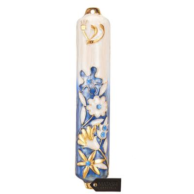 Matashi Hand Painted 5" Blue and Ivory Enamel Flower Mezuzah Embellished with Gold Accents and High Quality Crystals Home Decor
