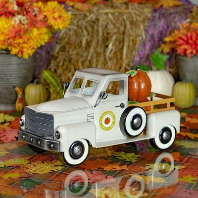 Country Style Metal Truck with Pumpkins in Antique White - 18" L x 8.6" W x 10" H