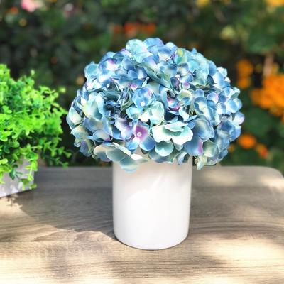 Enova Home Artificial Blue Fake Silk Hydrangea Flowers Arrangement in White Ceramic Vase for Home Decoration