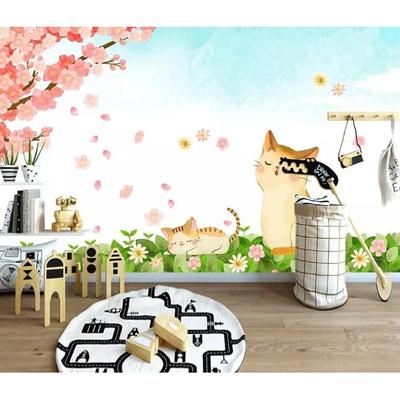 GK Wall Design Cartoon Cat Cherry Blossom Kids Removable Wallpaper