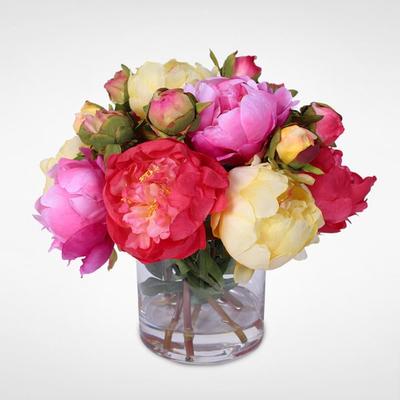 Silk French Peonies Bouquet in Glass Vase with Fak...