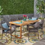 Lecanto Outdoor 7 Piece Acacia Wood Dining Set with Stacking Wicker Chairs by Christopher Knight Home
