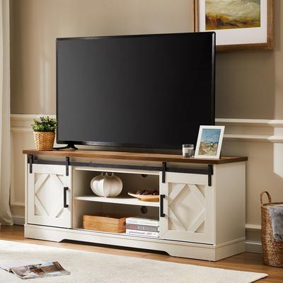 WAMPAT Farmhouse Sliding Barn Door TV Stand White 59"