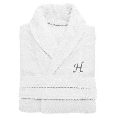 Authentic Hotel and Spa White with Grey Monogrammed Herringbone Weave Turkish Cotton Unisex Bath Robe