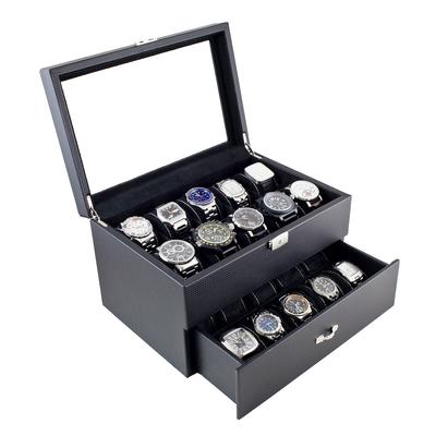 Caddy Bay Collection Carbon Fiber Pattern Finish Glass Top One Drawer 20 Watch Storage Case