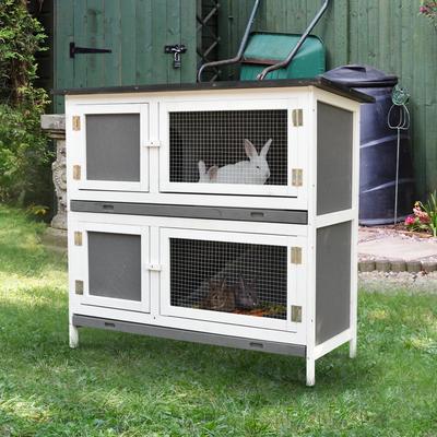 PawHut Wooden Rabbit Hutch Bunny Cage Small Animals Habitat with Ramp, Removable Tray and Weatherproof Roof, Grey