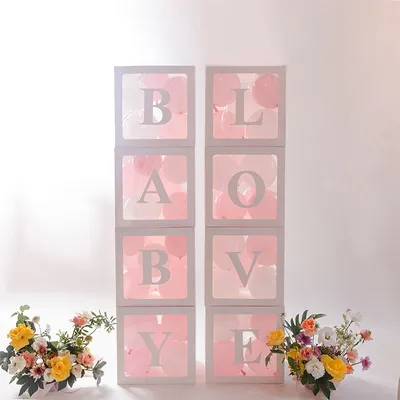 Boîte d'emballage transparente avec nom de l'alphabet pour enfants ballons blocs cubes décor de