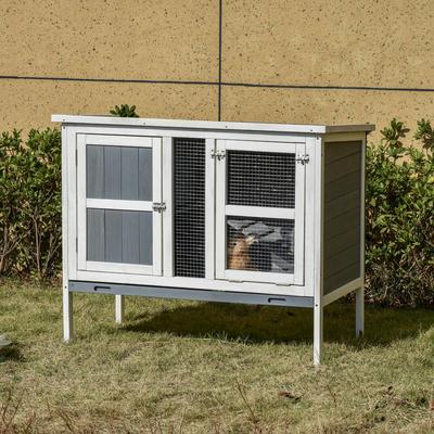 PawHut Rabbit Hutch Bunny Cage Indoor & Outdoor Small Animal House Elevated with Slide-Out Tray & Openable Top, Grey