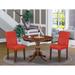 East West Furniture 3 Piece Dining Set- a Round Dining Room Table and 2 Parson Chairs, (Finish & Upholstered Options)