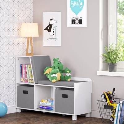 RiverRidge Kids Reading Nook Cushioned Toy Storage Bench with Cubby Organizers with Optional Fabric Bins- White