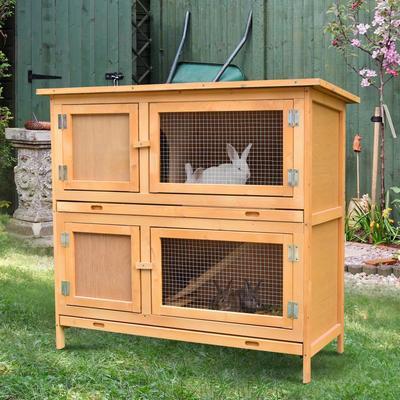 PawHut Solid Wood Rabbit/Bunny Hutch with 2 Large Main Rooms, Protection from UV Rays and Water, and Firm Cage, Yellow