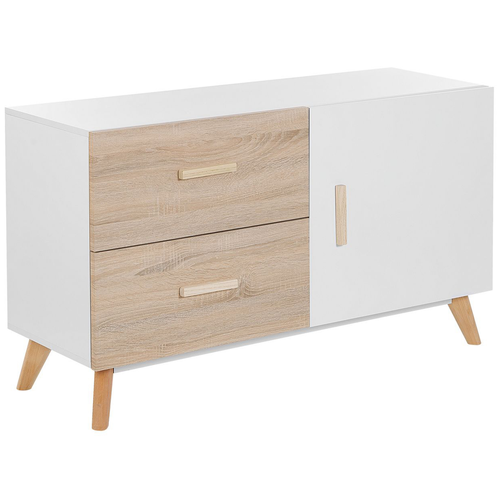 Sideboard Weiß / Heller Holzfarbton mit Schrank und 2 Schubladen MDF-Platte / Buchenholz Wohnzimmer Schlafzimmer Salon