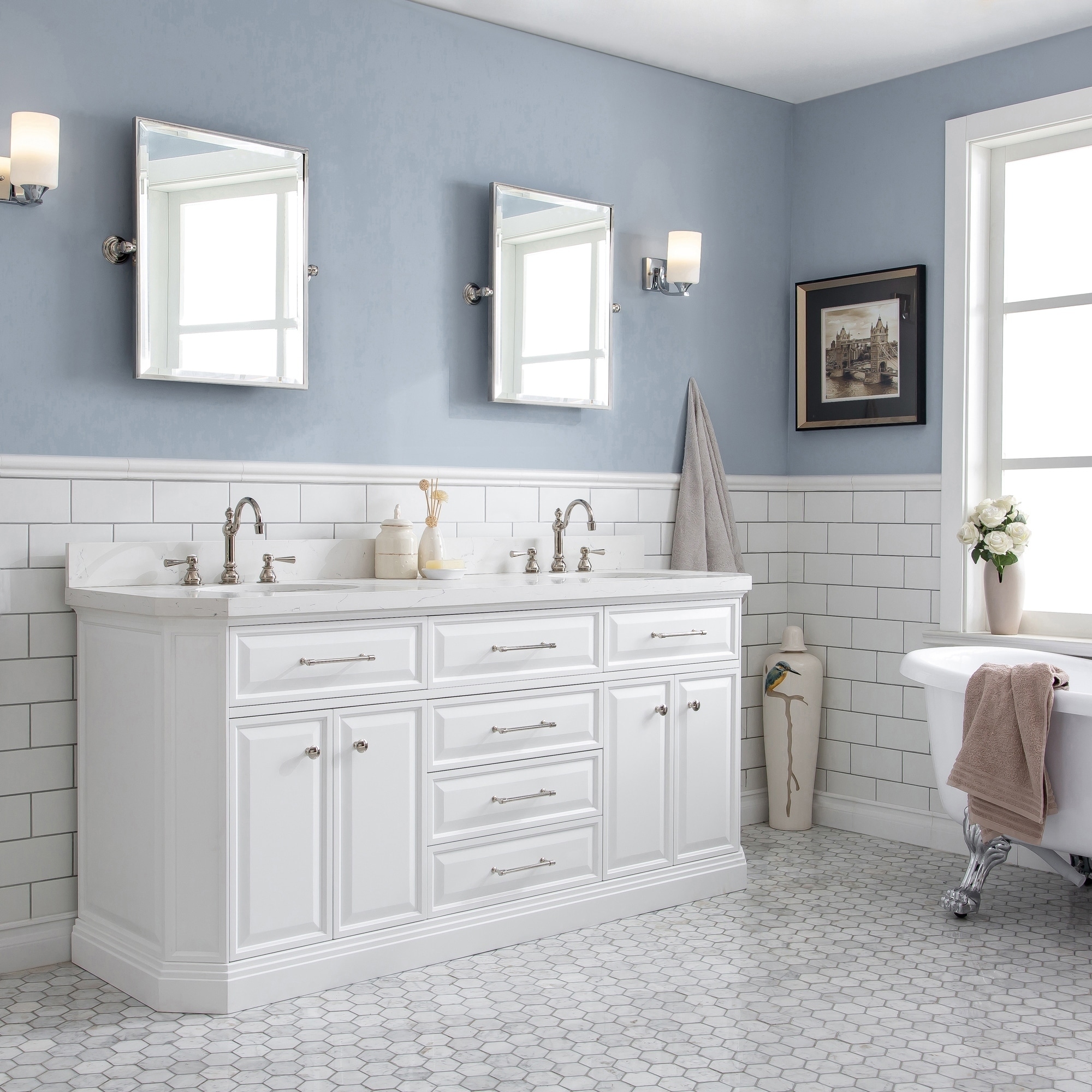 72" Palace Collection Quartz Carrara Cashmere Grey Bathroom Vanity Set With Hardware And F2-0012 Faucets