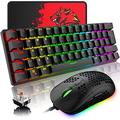 UK Layout Mechanical Gaming Keyboard RGB 14 Backlight Effects Mini 62 Keys Wired Type C + Lightweight RGB 6400DPI Honeycomb Mouse + Mouse Pad Compatible With PS4,Xbox,PC,Laptop - Black/Brown Switch