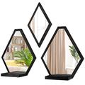 JACKCUBE Design Wall Mount Decorative Mirrors- Set of 3, Geometric Rustic Wood Real Mirror with Shelf for Bedroom, Bathroom, Living Room, Kitchen Wall Art Décor- MK689A