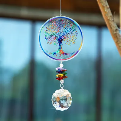 H & D-Attrape-soleil chakra arbre de vie prisme mandala en cristal fait main décoration de