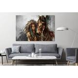 East Urban Home Native American Indians Historical Art Canvas Horse & Lady Classic Wall Design Painting Canvas Print Decor Wall in Indigo | Wayfair