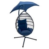 Dakota Fields Deluxe Wicker Hanging Basket Swing Chair w/ Adjustable Canopy & Stand - Wicker/Rattan in Blue | 79.5 H x 38 W x 28 D in | Wayfair