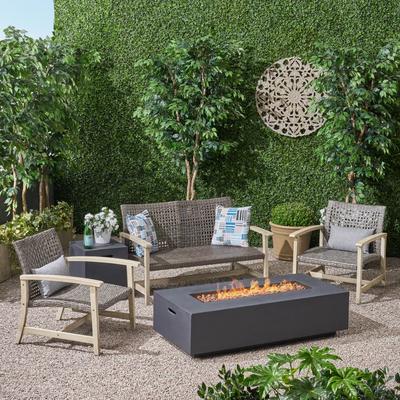 Augusta Outdoor Acacia Wood and Wicker 4 Seater Chat Set with Fire Pit by Christopher Knight Home