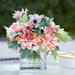 Primrue Daisy & Mixed Flower Arrangements In Clear Glass Vase w/ Acrylic Water Fabric in Pink/Indigo | 8 H x 7 W x 7 D in | Wayfair
