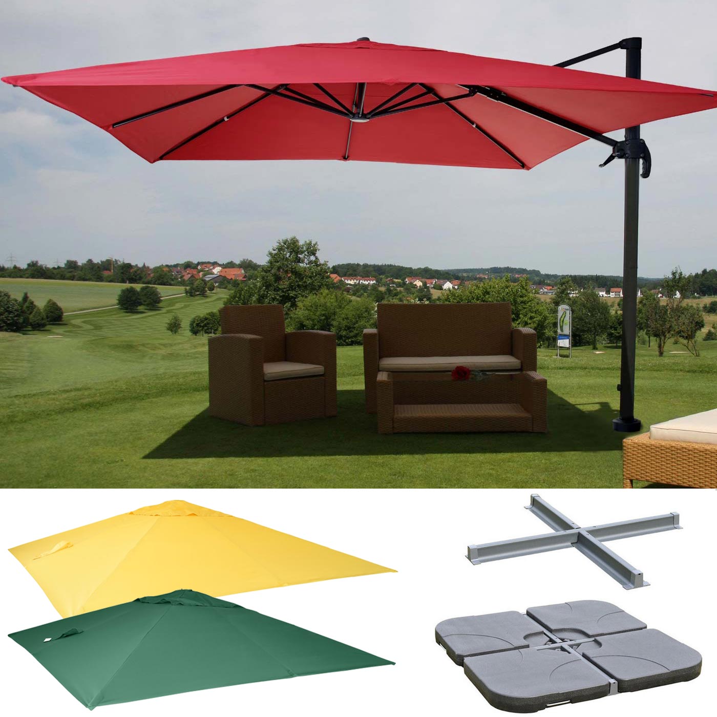 Gastronomie-Ampelschirm HWC-A96, Sonnenschirm 3x3m (Ø4,24m) Polyester Alu/Stahl 23kg ~ türkis ohne Ständer, drehbar Image