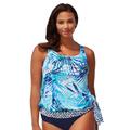 Plus Size Women's Side Tie Blouson Tankini Top by Swimsuits For All in Blue Palm (Size 24)