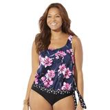 Plus Size Women's Side Tie Blouson Tankini Top by Swimsuits For All in Navy Pink Floral (Size 10)