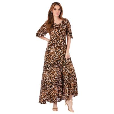 Plus Size Women's Plus Size Hand Crinkled Flutter-Sleeve Maxi Dress by Roaman's in Natural Watercolor Animal (Size 14/16)