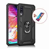 For Samsung Galaxy A10e SM-A102 With Tempered Glass Screen Protector Rugged Hybrid Armor Anti-Scratch Shockproof Kickstand Cover Compatible Magnetic Car Mount Ring Grip Black